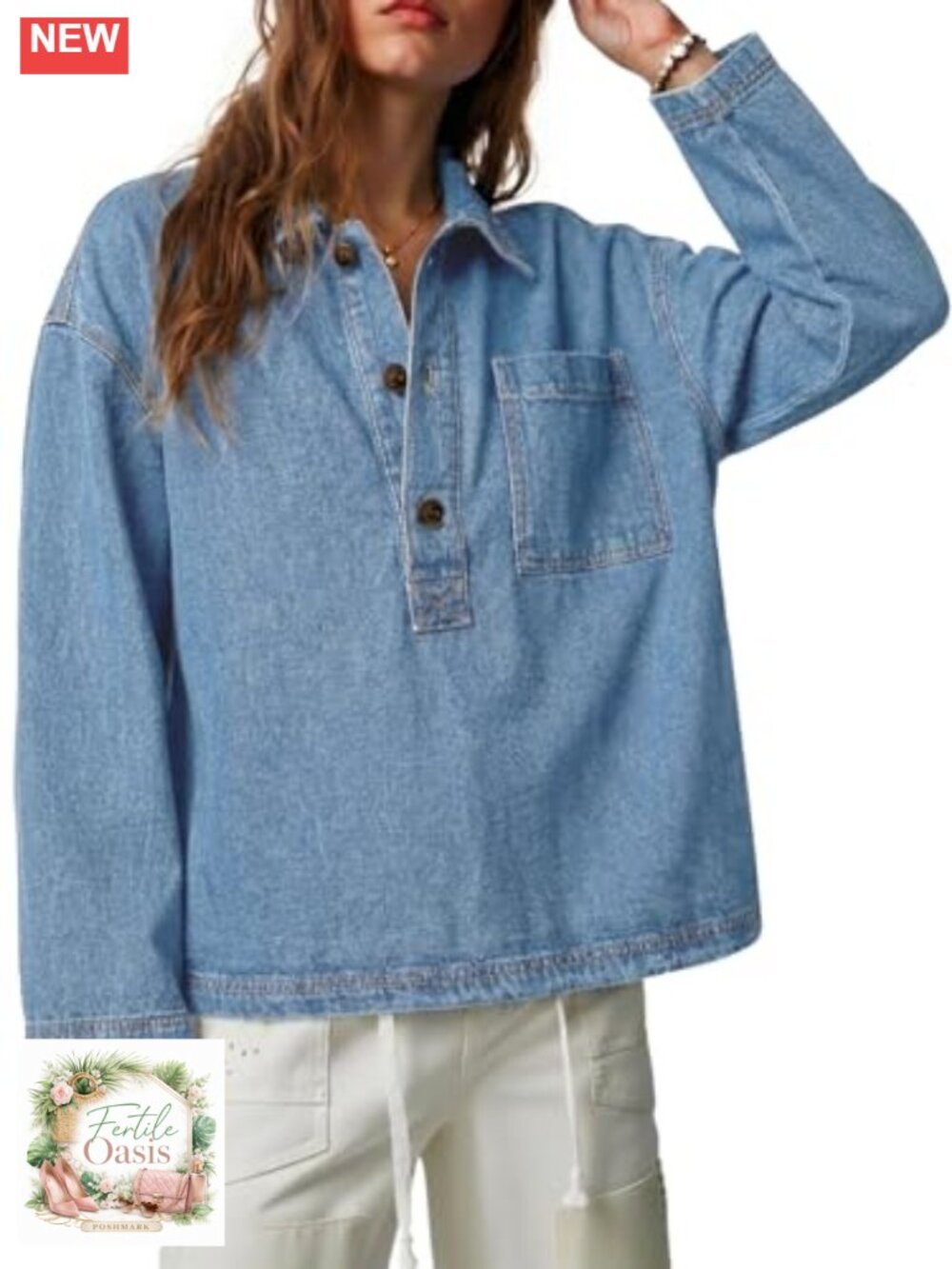 Women's Denim Button Up Shirt Long Sleeve Casual Jean Top with Pockets